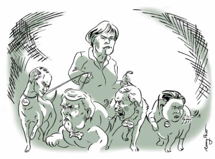 Eine Karikatur von Frau Merkel mit Putin, Trump, Erdogan und Kim Jong-un als Hunde
