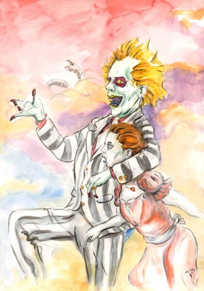 farbige Illustration von Beetlejuice mit der der jungen Lydia im Arm