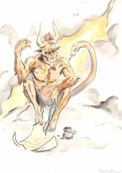 Illustration eines Teufels der einen Brief schreibt