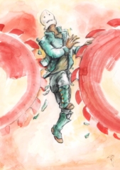 Im Fleischwolf ein Mann mit Maske gezeichnet in einem Fleichwolf