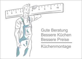 Küchenmontage Ein Handwerker mit einem übergroßen Zollstock