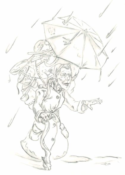 Illustration einer alten Oma mit Schirm im Regen