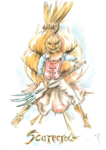 Eine Vogelscheuche mit Heugabel