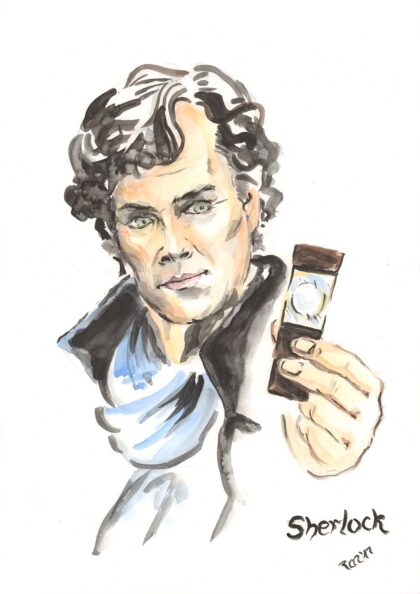 Sherlock Homes Portrait mit Lupe in Aquarell