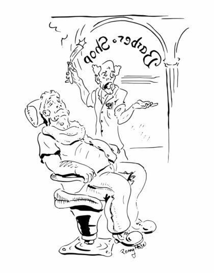 ein wild agierender Friseur mit Kunden gezeichnet