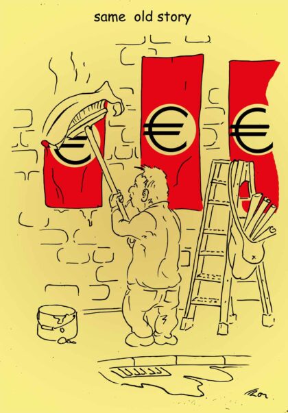 Karikatur eines Mannes der plakatiert