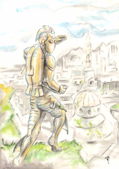 Illustration eines Mannes mit Raketenjetpacks
