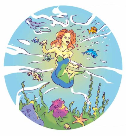 Illustration einer Meerjungfrau im buntem Ozean